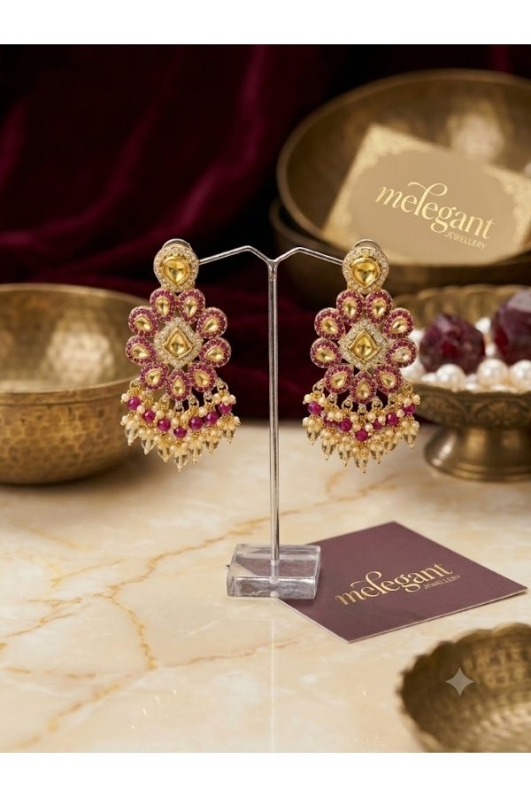 Royal Kundan & Ruby Drop Chandbali Earrings | Traditional Indian Jewelry Online - Image 2