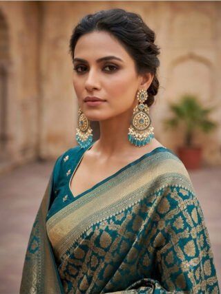 Turquoise blue Kundan inspired pearl chandbali earrings with antique gold detailing by Melegant, Indirapuram Ghaziabad