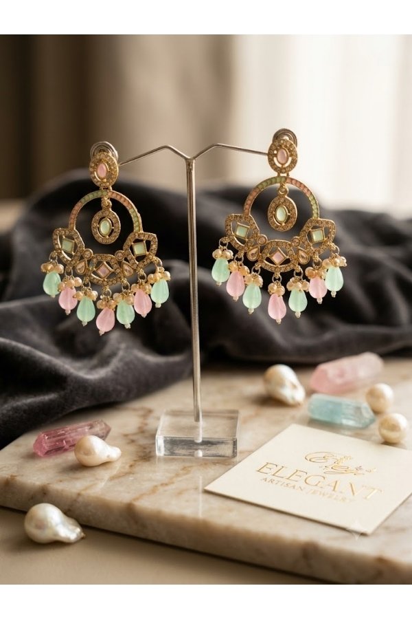 Pastel Pink & Mint Green Kundan Chandbali Earrings | Buy Designer Ethnic Jewelry Online – Melegant by LC - Image 2