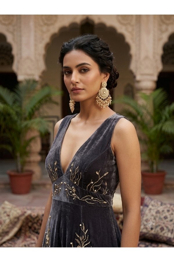 Classic gold Kundan and pearl drop traditional earrings displayed on a stand with soft fabric background for Melegant by LC online store.