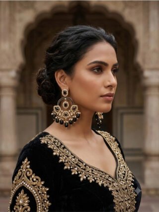 Model wearing luxurious black and gold Kundan chandbali earrings with an embroidered black outfit for Melegant by LC online store.