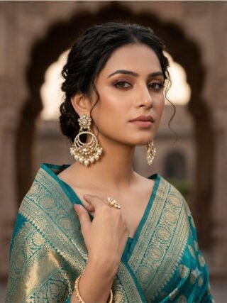 Handcrafted Kundan and pearl drop ethnic chandbali earrings displayed on a stand with Melegant by LC branding for online shopping.