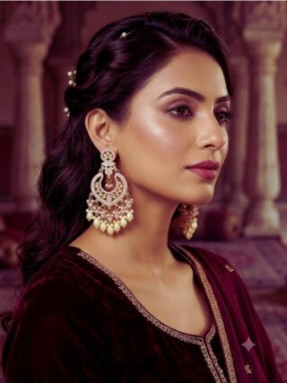 Melegant pink pearl kundan-style bridal statement earrings with intricate traditional Indian detailing