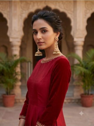 Melegant long pearl drop jhumka earrings with maroon and gold detailing in Indirapuram Ghaziabad
